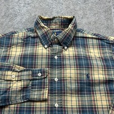 Ralph Lauren Oxford Shirt Men M Blue Beige Plaid OCBD Long Sleeve Custom Fit 43"