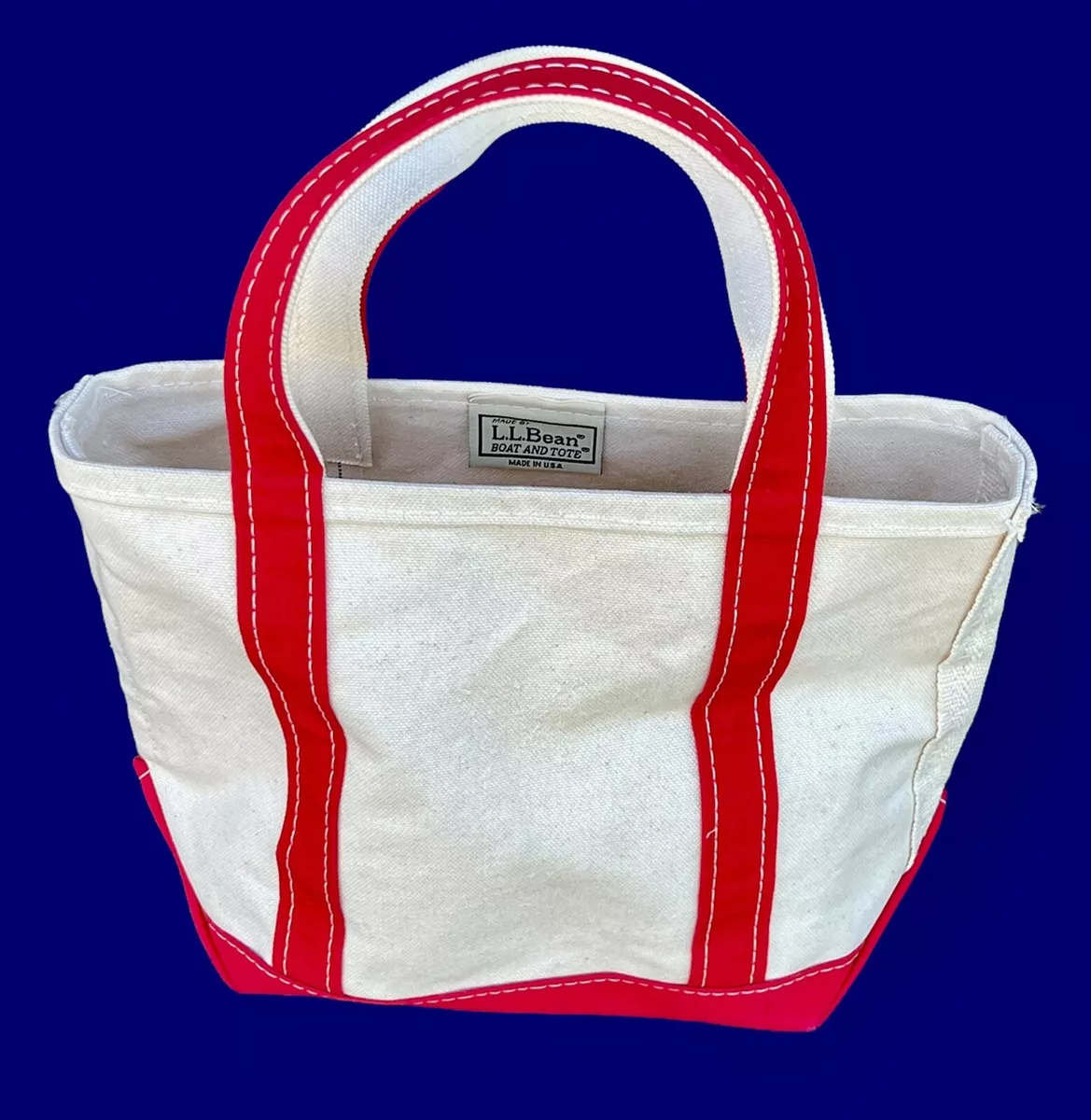 Vintage LL Bean Small Red Strap Canvas Boat Tote Bag Green Label