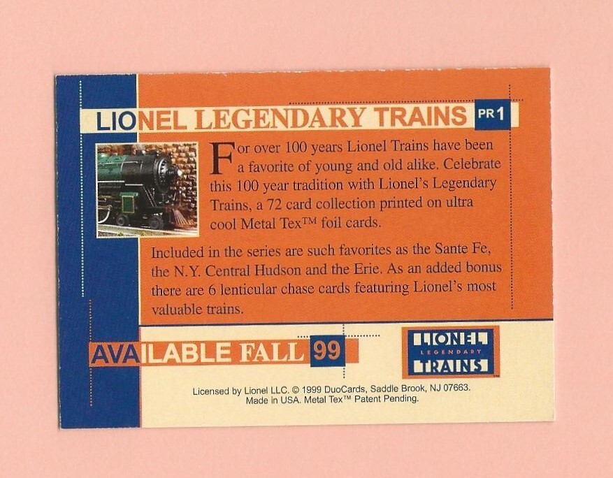 1999 Duocards Lionel Legendary Trains Promo 1 - Picture 2 of 2
