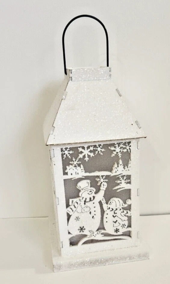 White Wood Lantern Light Up Christmas Mica Sparkle Snowman Hanging Decor - Image 2 of 4