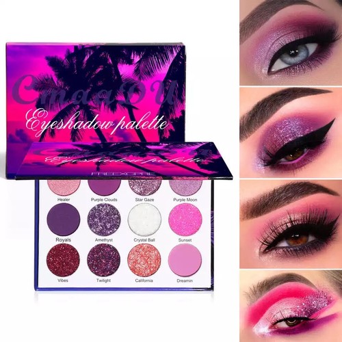 12 Colours Purple Pigments Matte Glitter Shiny Eyeshadow Palette Makeup Powder - Picture 2 of 8