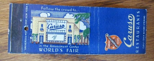 Feria Mundial de Nueva York 1939: Caruso Restaurants Matchbook Matchcover - F2
