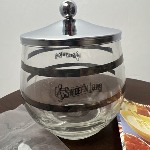 Vintage NEU Sweet 'N Low Glas Zuckerdose Platin Glas Deckel, Löffel & Rezepte 1965 - Bild 2 von 13