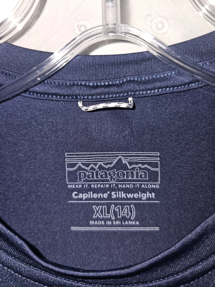 Camiseta manga corta Patagonia Capilene Silkweight XL 14 niños azul gráfico logotipo Foto 4 de 4