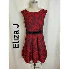 Eliza J Red Black Floral Fit & Flare Dress Size 6 Sleeveless Belted Party