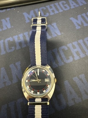 Vintage 1973 TIMEX MARLIN Navy Blue Red Index Calendar Date Watch 26751 2573