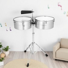 13" 14" Beginner Latin Timbales Drum Set - Stand Sticks Cowbell Silver