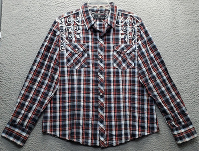 Pop Icon Western Rodeo Shirt Mens XL Multi Plaid Scroll Embroidered Pearl Snap