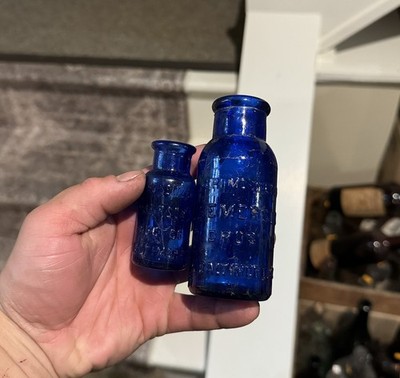 Pair Diff Size Bromo Seltzer Baltimore MD Emerson Drug Co Bottles Cobalt Blue
