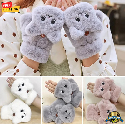1 pair Women Plush Warm Cat Paw Mittens Flip Fingerless Furry Winter Gloves