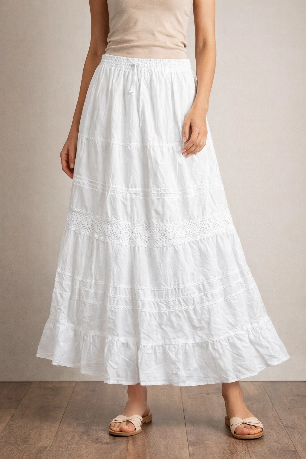 White cotton Skirt Summer Maxi Elastic waist Lined Holiday 10 12 14 16 18