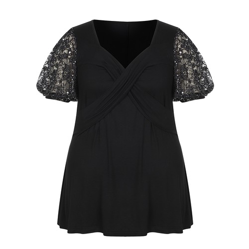 Plus Size Women Sequin Short Sleeve Tops Ladies Elegant Work Party Shirt Blouse - Picture 17 of 23