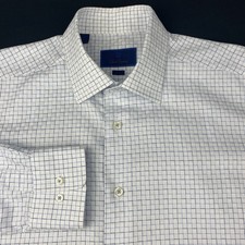 David Donahue Dress Shirt Mens 17-34/35 White w/Blue Checks Trim Fit Long Sleeve
