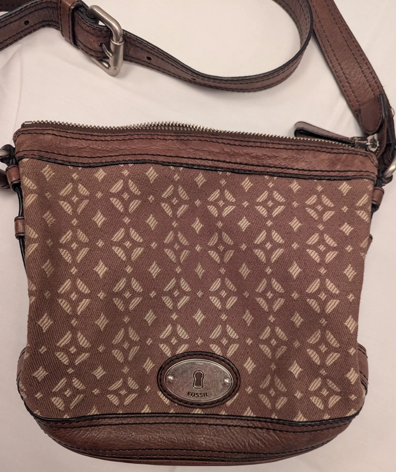 Bolso Cartera FOSSIL Maddox Cuero Lona Marrón Xbody Bucket Hobo Bucket Foto 2 de 4