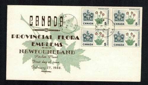 Canada #427, 1966 5¢ Nfld Pitcher Plant block of 4 (Broken Stamen) Unknown FDC