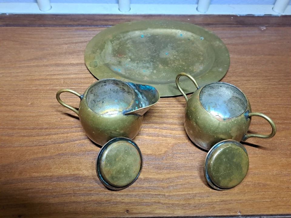 Solid Copper Sugar and Creamer Set W Tray Vtg Mexico - Image 2 of 4