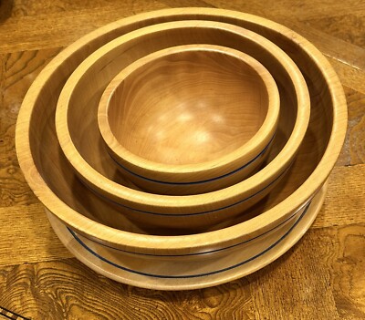 Ralph Lauren Home Italy Blue Line Wooden Bowl Set All Four Pieces/Comple