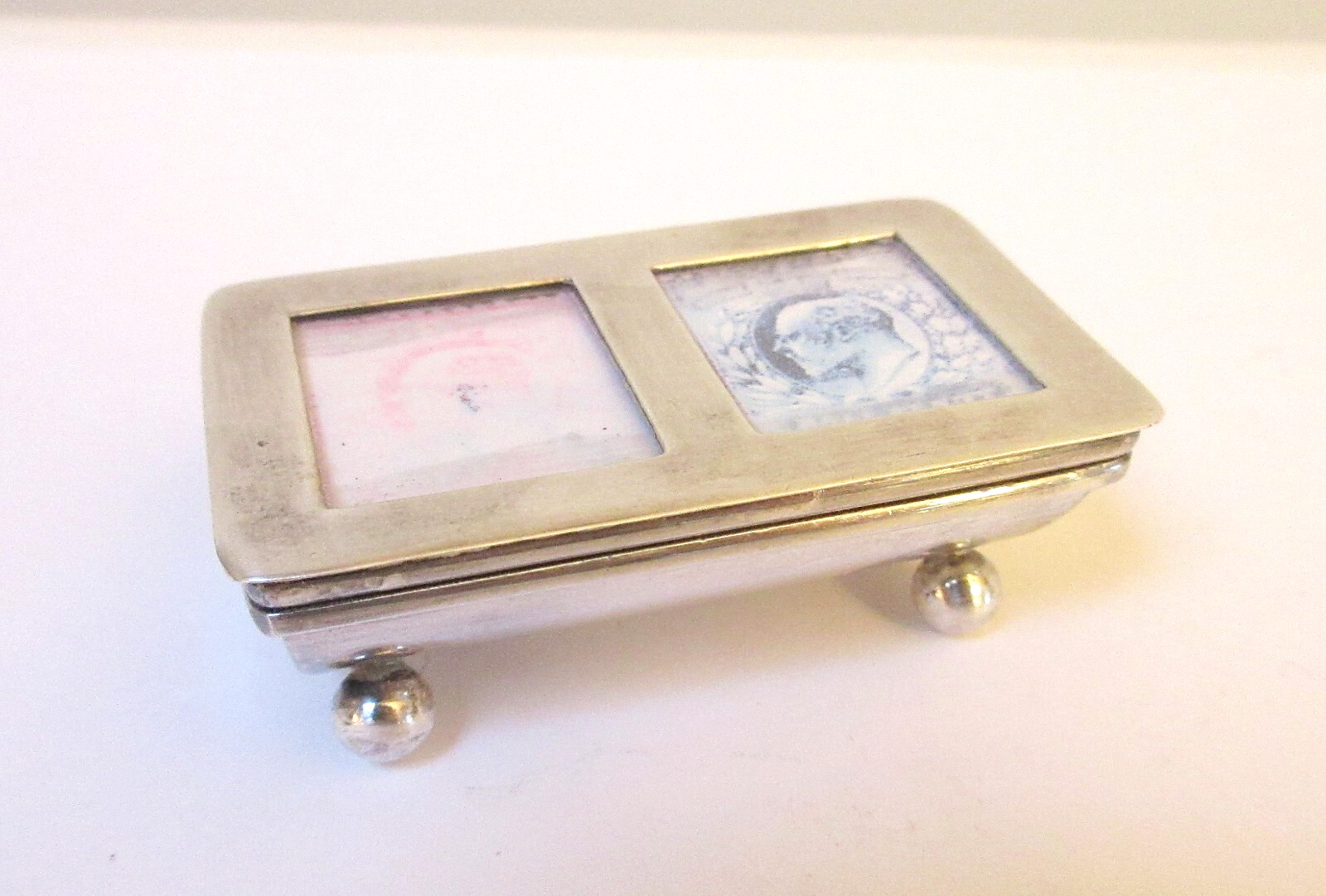 Sterling Silver Hinged Double Stamp Box Ball Feet
