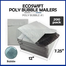 200 #1 7.25x12 Poly Bubble Padded Envelopes Mailers Shipping Case 7.25"x12"