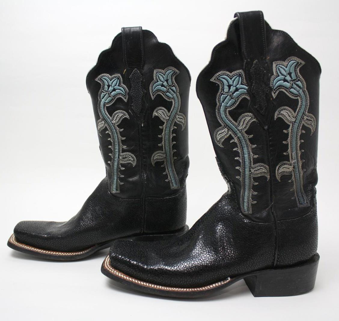 Black Square Toed Cowboy Boots with Blue Flower Embro… Gem