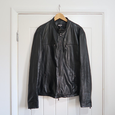 Vintage Herren Donna Karen DKNY schwarze Lederjacke Full Zip Gr. XL