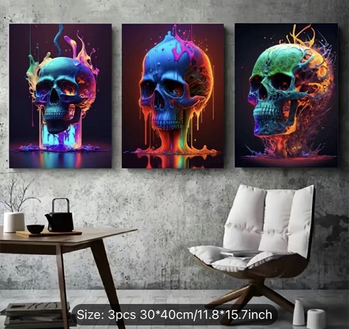 Three (3) Abstract Neon Skulls Canvas Wall Art Flame Poster Prints Set Lot - Picture 2 of 4