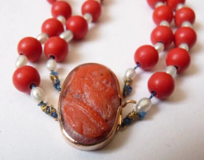 Fermoir 18e siècle en OR + camée corail Collier perles rouge gold clasp necklace - Photo 1/4