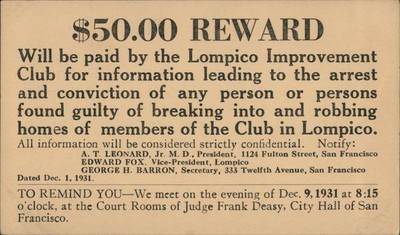 Reward Card San Francisco Ca 50 00 Reward Lompico Improvement Club 1931 Ebay