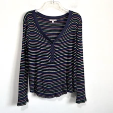 Sundry Striped Henley 3 Large Long Sleeve Blue Raw Hem Knit Casual Colorful Top