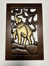 Vintage Hand Carved Wood Golden Elephant Panel Wall Art Panel 11.5 X 17.5 Inches