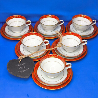 Noritake GOLDHILL * 6 x TEE TRIOS Tassen Untertassen Teller 18 Teile ROT & GOLD Set EXC b