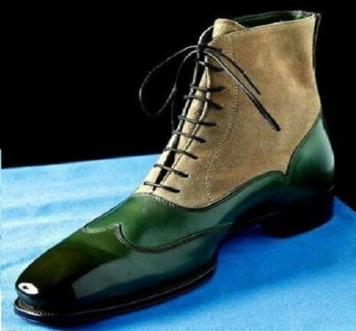 Handgefertigte Cap Toe Stiefel, knöchelhohe Freizeit grün beige Lederstiefel, Herrenstiefel