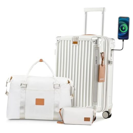 20in White Carry-On Luggage with USB Port and Cup Holder-image