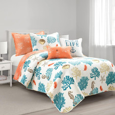 Coastal Reef Feather Reversible Quilt Set, 5 Piece Set, Twin/ Twin XL, Blue  Co