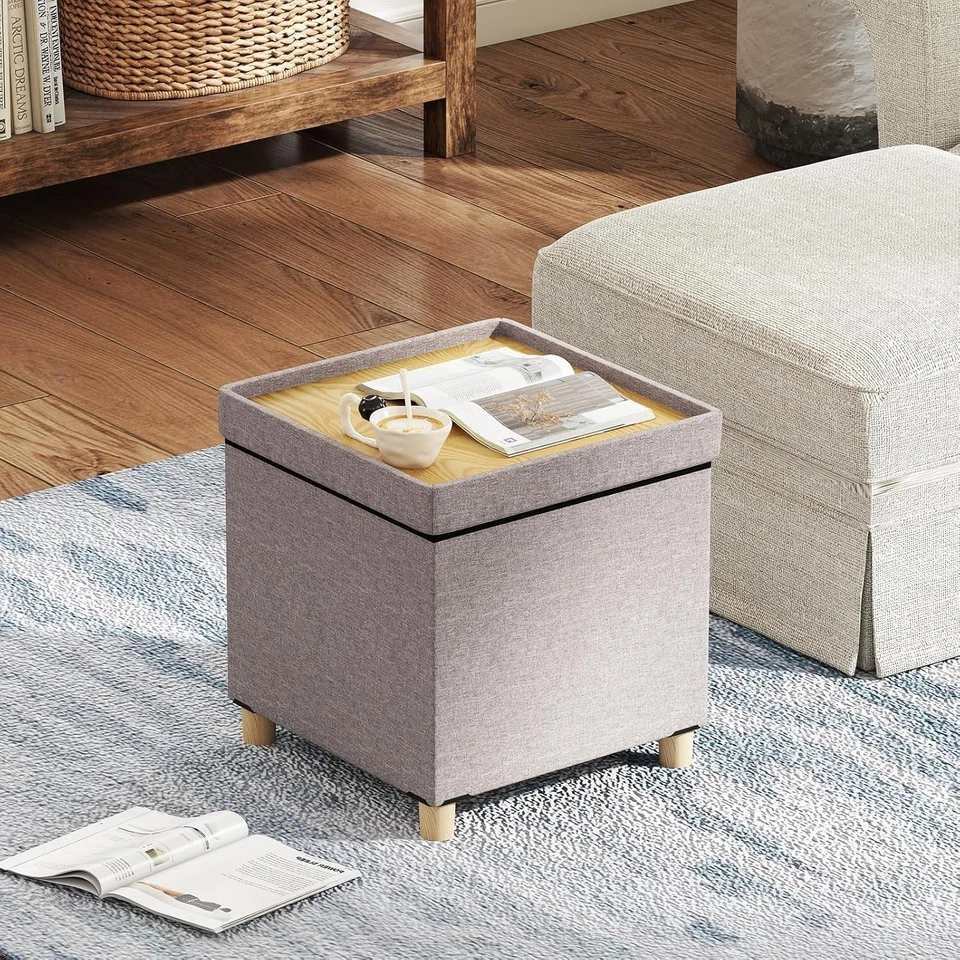 Beige Linen Storage Ottoman 45x45cm Folding Footstool Bench w/ Tray Lid & Legs - Image 2 of 4