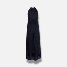Halston Women's Blue Slub Satin Asymmetric Halter Gown Dress Size 10