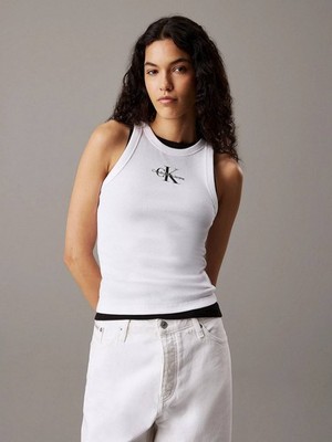 Calvin Klein Jeans Monolog Rib Tank Top Weiß - Größe M Damenbekleidung