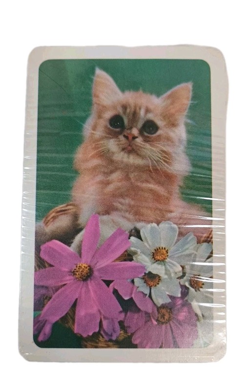 Cat  Pink White Flowers Bridge Playing Cards Cello Sealed with splits Zayre Box