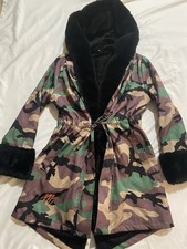 Fashion Camo Camouflage Faux Fur Hooded Jacket Coat SZ MED Warm Unique 