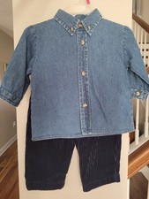 New 6-9 Mos Infant Boys 2 Pcs Baby Outfit Blue Denim Shirt  Corduroy Pants Set