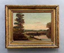 Personnage dans une barque, huile sur toile, tableau ancien, peinture, XIXe