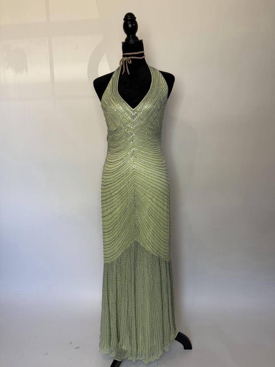 Cache Light Green Beaded Sequin Halter Backless G… - image 1