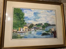 Vintage "Coastal Landscape With Moored Boats Scene" Watercolor Painting - Framed