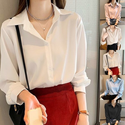 Breathable For womens Shirt Loose Fit Button Closure Casual Solid Color - Picture 2 of 32