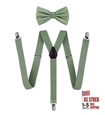 TIE G Solid Color Men's Suspender Woven Bow Tie Set for Wedding : Sage Green