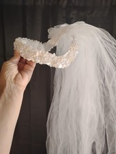 Wedding Bridal Veil Satin Flowers Pearls Vintage Medium