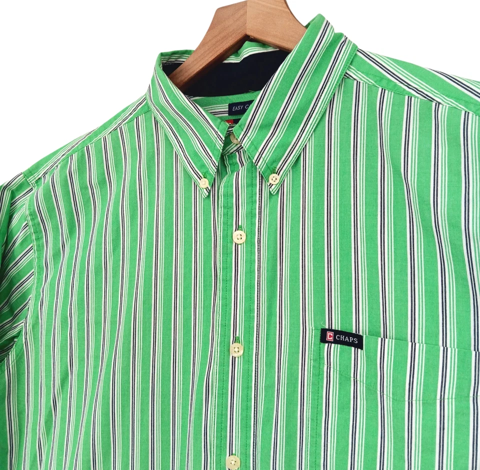 Chaps Shirt Mens Large Green Striped Cotton Blend Button Down L/S Pocket Preppy - Image 3 of 4