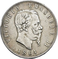 Napoli Regno d'Italia 5 lire 1864 MB/BB colpo Vittorio Emanuele II