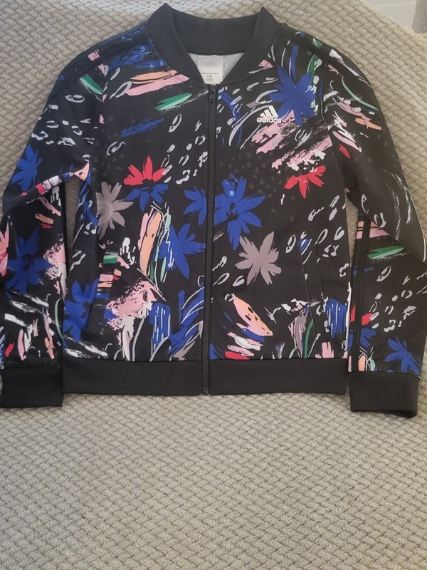 Adidas Girls Sz L 14 Jacket Floral Print Track Lightweight Coat Black