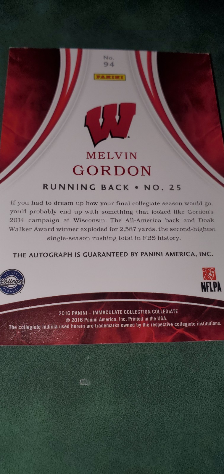 2016 Immaculate Collection Collegiate Melvin Gordon 3/5 Auto Card 94 view 9